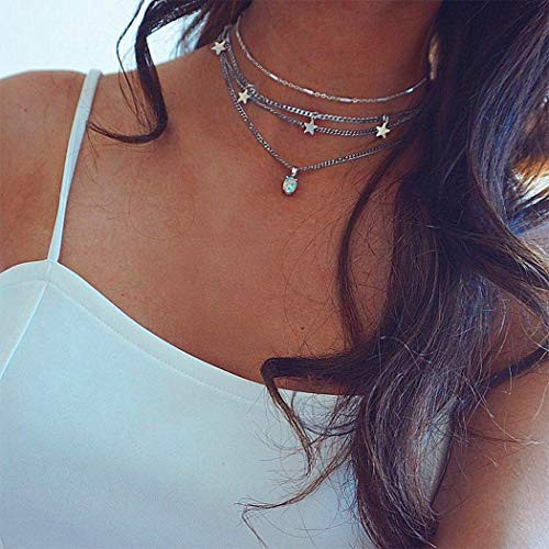 YienDoo Bohemia Multilayer Necklace with Star Opal Pendant Boho Necklaces Silver Chain Jewelry For Woman and Girls