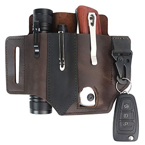 Leather Sheath for Belt Multitool EDC Sheath Belt Holder with Multitool Pouch, Flashlight Holder, Pen Holder and Keychain Clip, Practical EDC Belt Pouch for Men