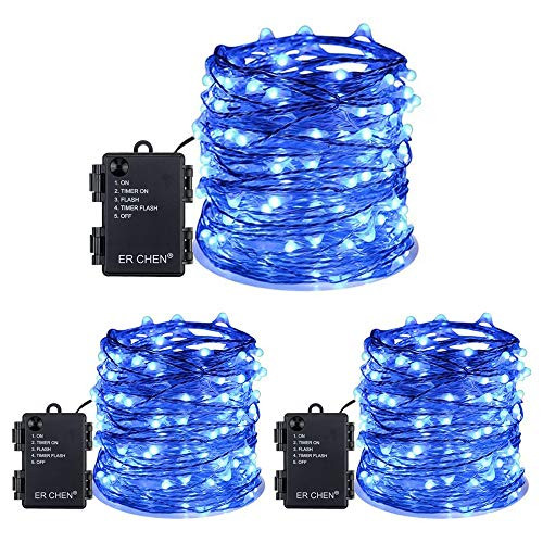 ER CHEN 33 Ft 100 LED Twinkle String Lights Battery Operated Christmas Lights with Timer, Waterproof Silvery Copper Wire Blue Fairy Lights for Party Bedroom Wedding (3 Pack)