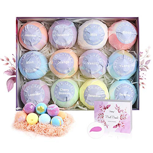 12 Natural Bath Bombs, Handmade Bath Bomb Set with Pure Essenail Oils, Spa Bubble Fizzies w/Moisturizing Shea Butter and Bath Salts, Birthday Gift for Women, Mother, Christmas and Kids