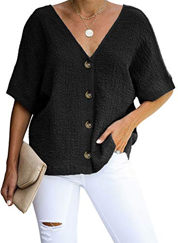 Dearlovers Women's Button Down V Neck Tops Loose Casual Short Sleeve Shirts Blouses Black XXL