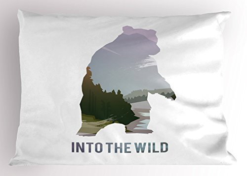 Lunarable Cabin Pillow Sham, Wild Animals of Canada Survival in The Wild Theme Hunting Camping Trip Hobby Outdoors, Decorative Standard Queen Size Printed Pillowcase, 30 inch X 20 inch, Olive Green