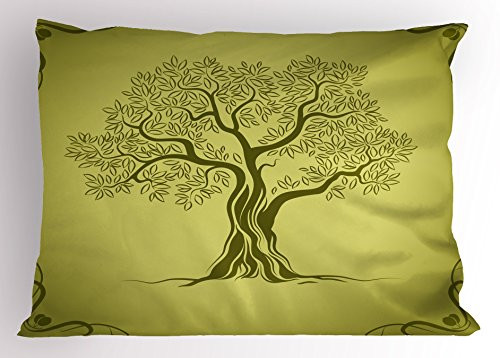Ambesonne Olive Green Pillow Sham, Mediterranean Olive Tree Silhouette with Ornamental Frame Nature Inspirations, Decorative Standard Queen Size Printed Pillowcase, 30 inch X 20 inch, Olive Green