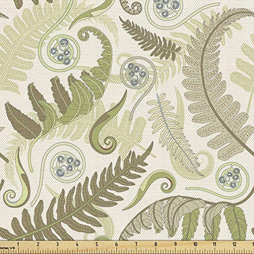 Ambesonne Botany Fabric by The Yard, Fern Leaves Curlicue Botanical Adornments Print on Pastel Background, Decorative Fabric for Upholstery and Home Accents, 1 Yard, Eggshell Tan