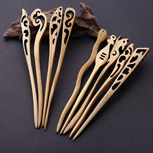 Houchu 9Pcs Hair Stick Vintage Handmade Carved Wooden Hairpin Retro Green Sandalwood Chinese Japanese Hair Chopsticks Long Horn Fork Pen Hairpins