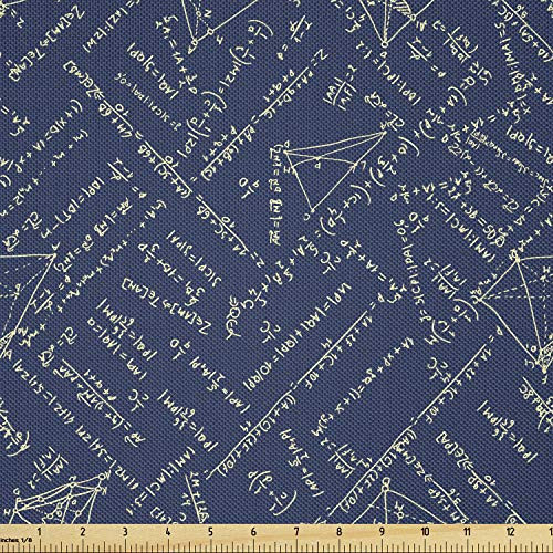 Lunarable Math Fabric by The Yard, School Themed Equations Division and Geometrical Shapes on Dark Toned Backdrop, Decorative Satin Fabric for Home Textiles and Crafts, 1 Yards, Blue Beige