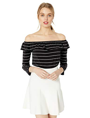 BB Dakota Junior's Hello Striped Off The Shoulder top, Black, Extra Small