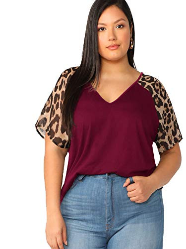 Romwe Women's Plus Size V-Neck Leopard Raglan Short Sleeve Blouse Casual Loose Shirt Tops Burgundy 3X Plus