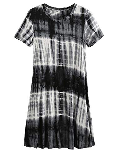 Romwe Loose Casual Short Sleeve Tie Dye Ombre Swing T-Shirt Tunic Dress Black M