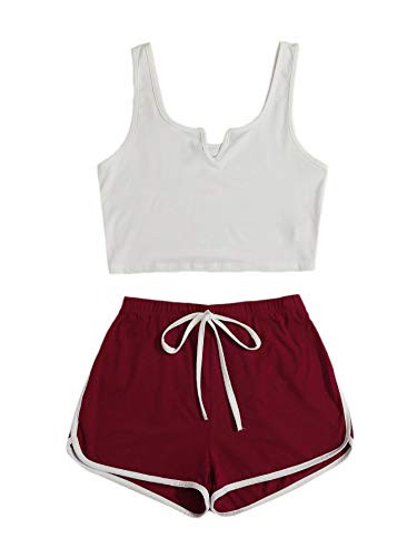 SweatyRocks Women's Suit Two Piece Outfits Sleeveless Crop Tank Top and Dolphin Shorts Set Red White M