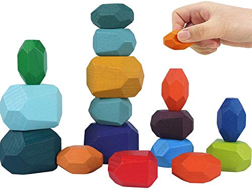 Wood Stone Stacking Blocks,Stacking Rocks, Balance Stone Toy,Colored Wooden Building Stacking Blocks Stones Balancing Game,Rock Blocks for Girls Boys Kids (16PCS)
