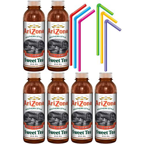 Arizona Southern Style Sweet Tea, 20 Oz Bottle (Pack of 6) with Colorful Bendy Straws