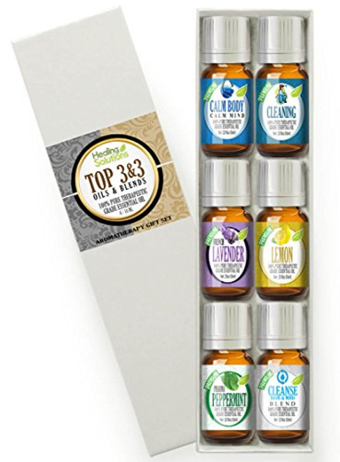 Top 3 Blends  and  Top 3 Pure Oils Set 100percent Pure, Best Therapeutic Grade Essential Oil Kit - 6/10mL (Calm Body/Calm Mind, Cleaning, Lavender, Lemon, Peppermint, Cleanse Body  and  Mind)
