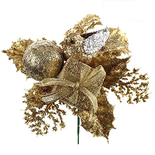 Gold Glitter Christmas Tree Picks Decoration,  12 Picks Artificial Gold Flower Leaf with Gift Box, Bird, and Christmas Ball Ornament Decor, 12-Ct