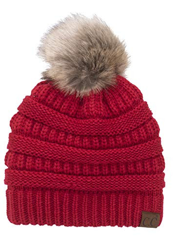 C.C Soft Stretch Cable Knit Ribbed Faux Fur Pom Pom Fuzzy Sherpa Fleece Lined Skull Cap Cuff Beanie Hat, Red