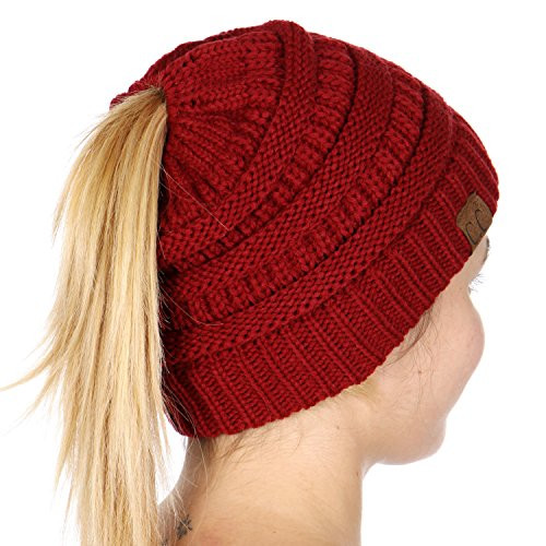 Plum Feathers Beanie Tail Soft Stretch Cable Knit Messy High Bun Ponytail Beanie Hat (Burgundy)