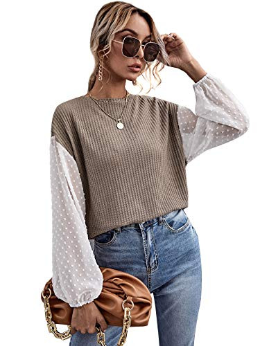 Romwe Women's Casual Mesh Lantern Long Sleeve Waffle Knit Shirts Tops Blouse Mocha Brown M