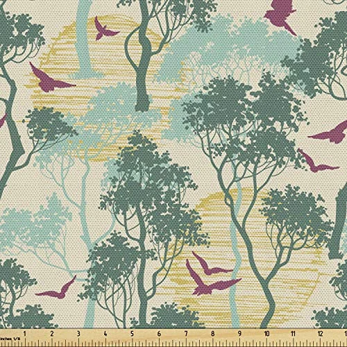 Ambesonne Forest Fabric by The Yard, Trees and Birds Flying Drawn by Hand, Decorative Fabric for Upholstery and Home Accents, 1 Yard, Grey Yellow