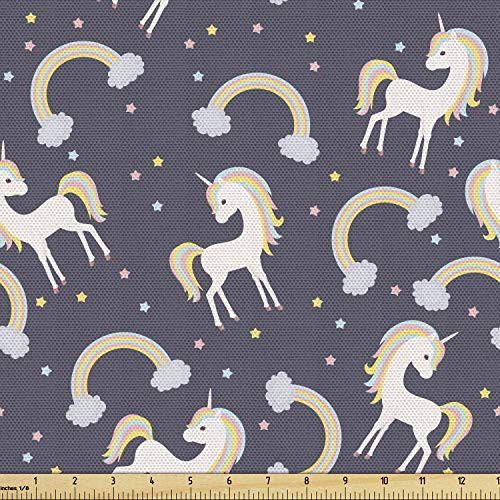 Ambesonne Unicorn Party Fabric by The Yard, Dreamy Cartoon Pattern with Rainbows Stars and Horse, Decorative Fabric for Upholstery and Home Accents, 1 Yard, Purple Yellow
