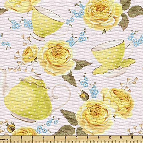 Ambesonne Tea Fabric by The Yard, Inspired Image with Tea Time Cups and Pots Floral Details, Decorative Fabric for Upholstery and Home Accents, 1 Yard, Turquoise Yellow