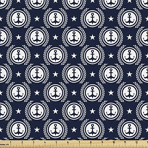 Lunarable Nautical Fabric by The Yard, Maritime Pattern Anchor Logo Marine with Stars Ornamental Illustration, Decorative Fabric for Upholstery and Home Accents, 1 Yard, Blue White