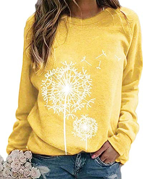 Womens Dandelion Sweatshirt Casual Crewneck Loose Pullover Tops Long Sleeve Graphic Tee Shirt (Yellow, S)