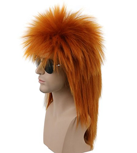Karlery Men Women Long Straight Orange 70s 80s Heavy Metal Rocker Wig Disco Mullet Wig
