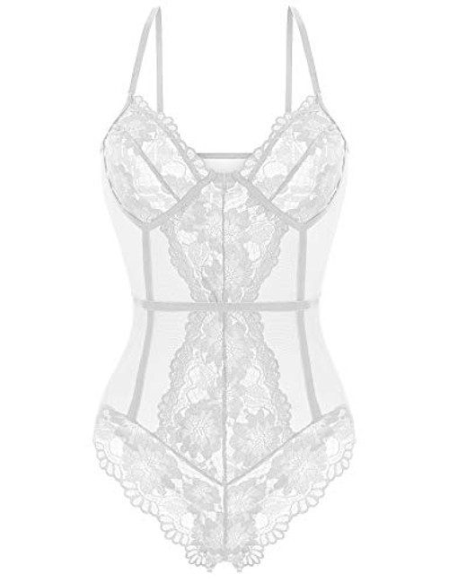 Women Lingerie Snap Crotch One Piece Lace Teddy Bodysuit Babydoll Chemise Sleepwear White L