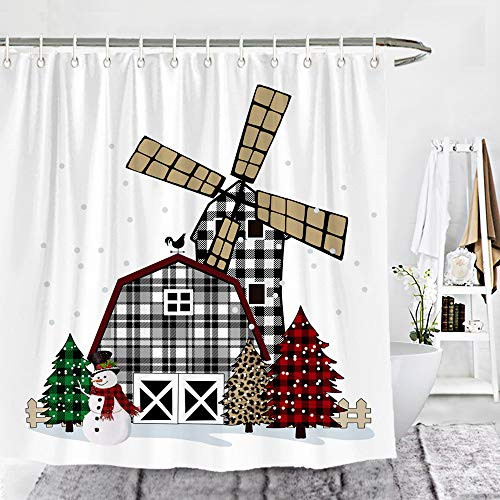 Wencal Buffalo Check Plaid Christmas House Shower Curtain Xmas Trees Barnhouse Windmill Farmhouse Bathroom Decor with Hooks 72 x 72 Inches