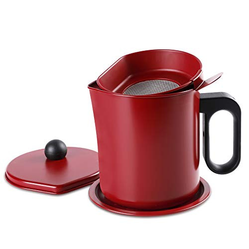 Bacon Grease Container with Strainer, KeeGan 1.7L Stainless Steel Oil Storage Pot Bacon Grease Can for Kitchen Cooking Frying Oil(Red)