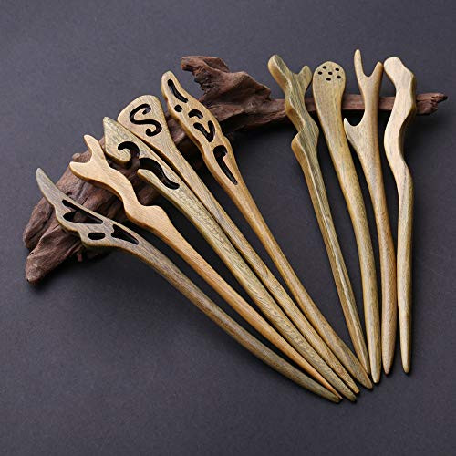 Houchu 9Pcs Hair Stick Vintage Wooden Handmade Carved Wooden Hairpin Retro Chinese Japanese Hair Chopsticks Long Horn Fork Pen Hairpins for Women Girls