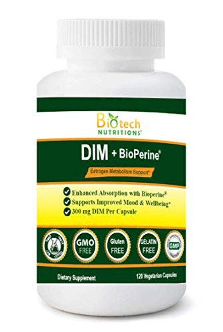 Biotech Nutrition DIM Supplement 300 mg DIM Diindolylmethane Plus BioPerine 120 Days Supply Made in USA 120 Vegetable Capsules (120) Biotech Nutrition DIM Supplement 300 mg DIM Diindolylmethane Plus BioPerine 120 Days Supply Made in USA 120 Vegetable Capsules (120)