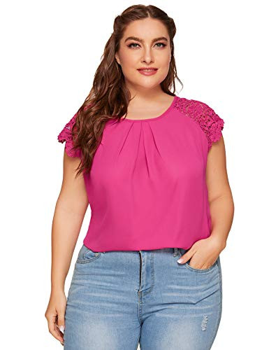 Romwe Women's Plus Size Short Sleeve Crew Neck Lace Hollow Casual Blouse Tops 1Rose Red 0X Plus