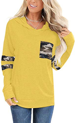 Angerella Women's Long Sleeve Hooded Sweatshirts Camo Tunic Hoodies Soft Loose Yellow Pullover Tops S