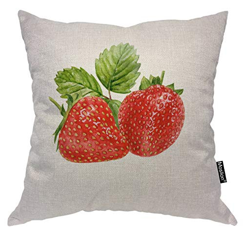 Moslion Strawberry Pillows Watercolor Fruit Strawberries Leaves Throw Pillow Cover Decorative Pillow Case Square Cushion Accent Cotton Linen Home 18x18 Inch Red Green