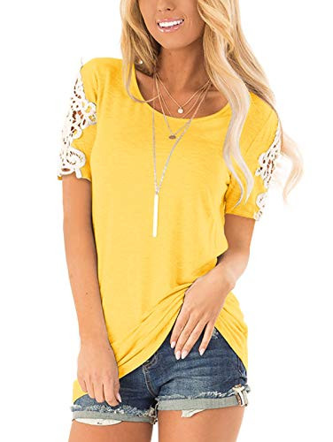 TEMOFON Women's Lace Short Sleeve Tops Summer Crew Neck Loose Casual Tunic Shirts Yellow L