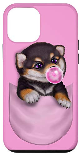 iPhone 12 mini Black Tan Shiba Inu Dog in Pocket with Bubble Gum Case