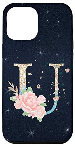 iPhone 12 Pro Max Floral Monogramm Letter U Stars Blue Background Case
