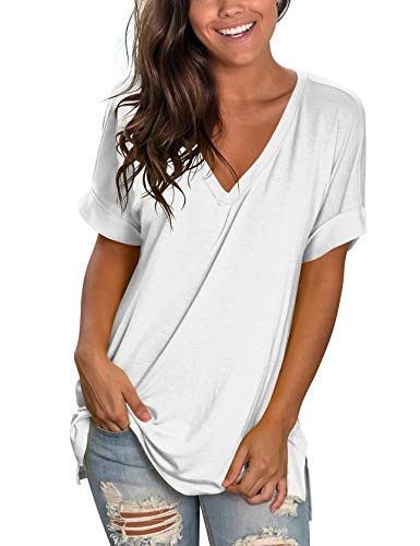 liher Womens V Neck Short Sleeve Oversized Tshirt Casual Summer Tops White M