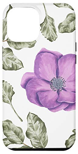 iPhone 12 Pro Max Violet Purple Clematis and Leaf Green Floral Pattern Design Case