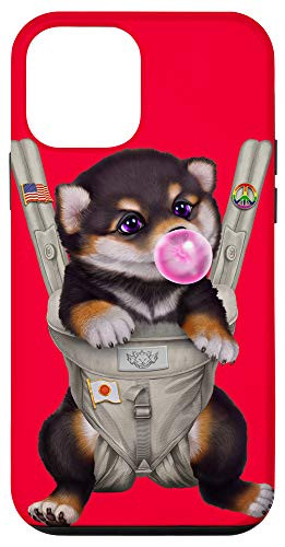 iPhone 12 mini Black Tan Shiba Inu Dog in Baby Carrier with Bubble Gum Case