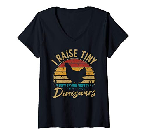 Womens I Raise Tiny Dinosaurs Chicken Lover Chickens Farmer Gift V-Neck T-Shirt