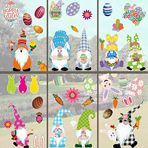 Easter Gnome Window Clings Stickers Decorations, 9 Sheets Happy Easter Gnome Bunny Carrot Eggs Window Stickers Decals Decor, Easter Spring Window Stickers Decals for Home School Office Party