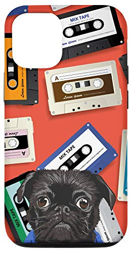 iPhone 12/12 Pro Black Pug Vintage Retro Cassette Tape Pattern Animal Head Case