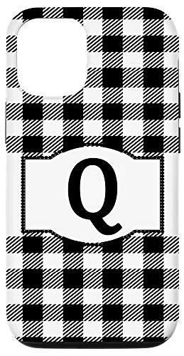 iPhone 12/12 Pro Black and White Buffalo Plaid Monogram Letter Q Initial Gift Case