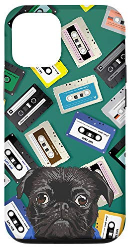 iPhone 12/12 Pro Black Pug Vintage Retro Cassette Tape Classic Pattern Case