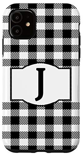 iPhone 11 Black and White Buffalo Plaid Monogram Letter J Initial Gift Case