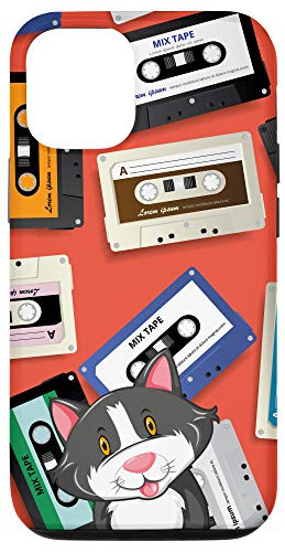 iPhone 12/12 Pro Happy Grey Cat Vintage Retro Cassette Tape Pattern Case