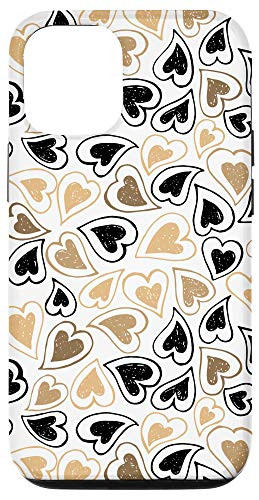 iPhone 12/12 Pro Cute Black Tan Doodle Hearts Pattern Phone Case