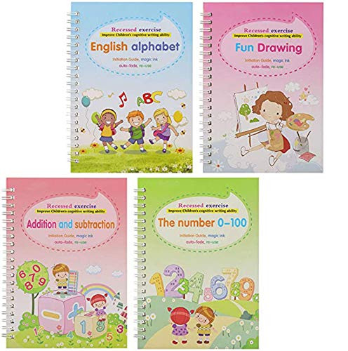 4PCS Kids Magic Practice Copybook Set English Reusable Sank Magic Calligraphy Tracing Book for Handwriting Magical Letter Writing Book for Kindergarten with Pens Through Training Write Words (A)